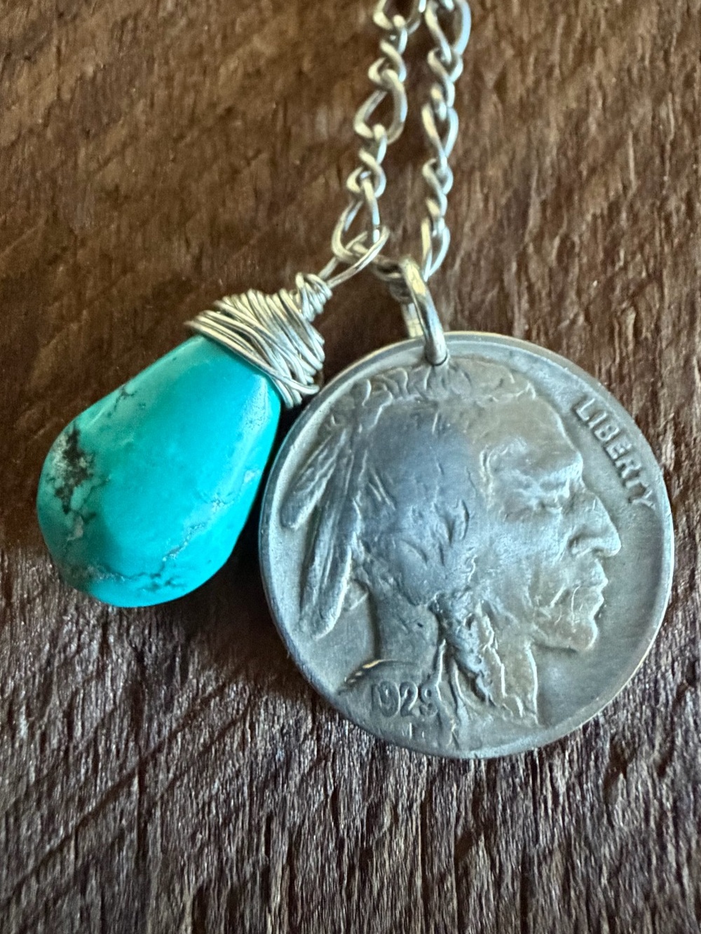 Turquoise Teardrop Pendant with Buffalo Nickel Charm